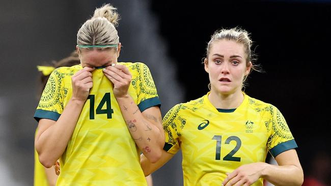 MARSEILLE, FRANCE - JULY 31: Alanna Kennedy #14 of Team Australia shows her dejection after losing the Women's group B match between Australia and United States during the Olympic Games Paris 2024 at Stade de Marseille on July 31, 2024 in Marseille, France. (Photo by Alex Livesey/Getty Images)