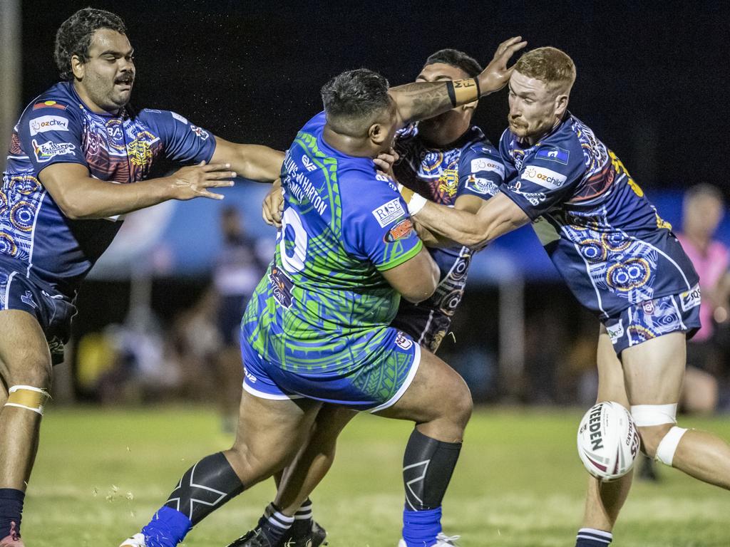 Damien McIntosh for Emus, Fine Faingaa for Pacific and Austin Jennings for Emus. 2023 TRL Cultural Cup, SW Qld Emus vs Pacific Nations Toowoomba. Saturday, February 25, 2023. Picture: Nev Madsen.