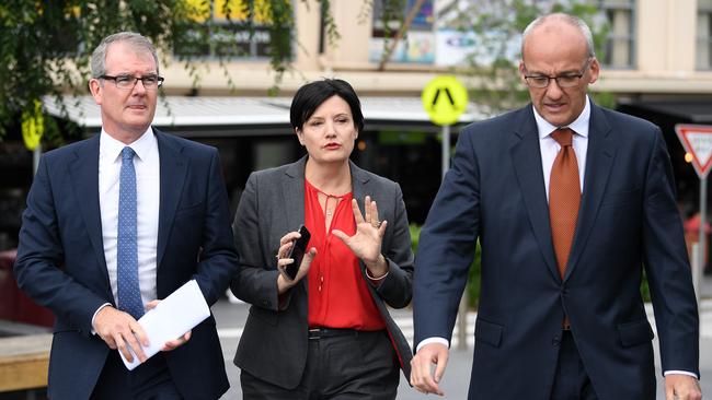 Deputy NSW Opposition Leader Michael Daley, Member for Strathfield Jodi McKay and then-NSW Opposition Leader Luke Foley at Strathfield Railway Station on Thursday morning. Picture: AAP