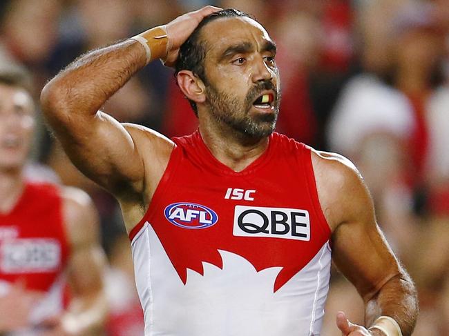 AFL First Semi Final.  Sydney Swans v North Melbourne at ANZ Stadium. Adam Goodes after missing a snap at goal  . Pic: Michael Klein. Saturday September 19, 2015.