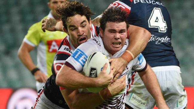 Jamie Lyon scored his first try of the season against the Roosters.