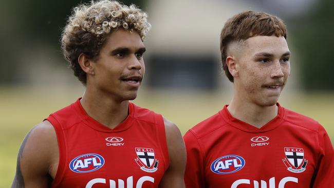 St Kilda speedsters Liam Henry and Lance Collard during Monday’s training session. Picture: Michael Klein