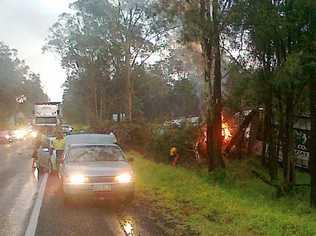 The fiery aftermath of the Warrego Hwy collision. Picture: Kerry O'Neill