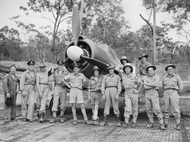 No. 83 Squadron pilots with a Boomerang fighter in November 1943. The 'home defence' fighter squadron provided air defence to several locations in Queensland, the Northern Territory and NSW before being disbanded. Picture: Australian War Memorial.