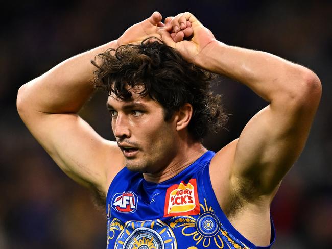 PERTH, AUSTRALIA - MAY 27: Tom Barrass of the Eagles looks exhausted during the 2023 AFL Round 11 match between the West Coast Eagles and the Essendon Bombers at Optus Stadium on May 27, 2023 in Perth, Australia. (Photo by Daniel Carson/AFL Photos via Getty Images)