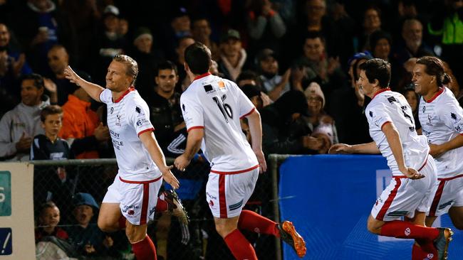 Daniel McBreen of the Eagles celebrates a goal during the FFA Cup Round of 16 match against the Newcastle Jets in the 2019 Australia Cup. (AAP Image/Darren Pateman)