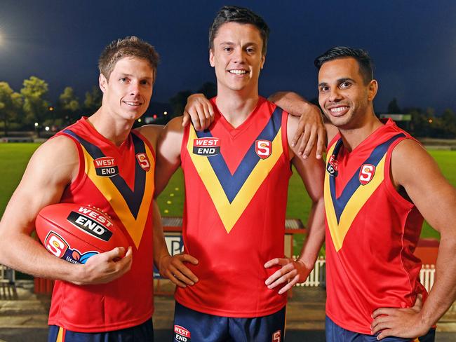 09/05/19 - State team captain Jack Stephens (Sturt) and two co-captains Matt Rose (South) and  Danyle Pearce (Sturt) before the teamÕs final training session here at Prospect Oval.Picture: Tom Huntley