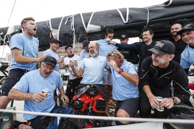 Alive skipper Duncan Hine with his crew as Alive claimed line honours in the 2020 Launceston to Hobart yacht race. Picture: Zak Simmonds