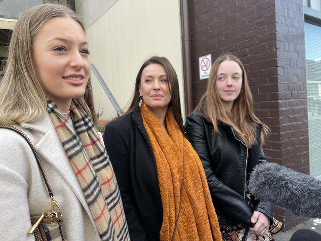 From left, Isabella, Alanna and Indiana Corbin. The family spoke to media after the coroner handed down her findings into the crash death of Tasmanian veteran rescue pilot Roger Corbin. Picture: Amber Wilson