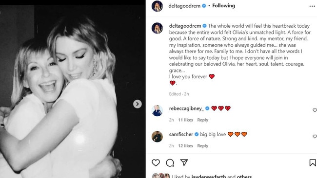 Delta Goodrem posted a tribute to Olivia Newton-John after her death. https://www.instagram.com/p/ChA2VU4P0mF/?hl=en