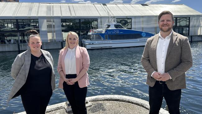 Events management specialist Nikki Long, Labor transport spokeswoman Meg Brown, and Labor sport and events spokesman Luke Edmunds. Labor is calling for an events strategy to be developed for the Derwent Ferry service. Picture: Supplied