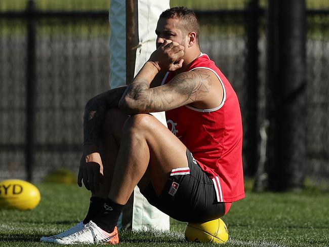 Lance Franklin watches the Swans train at Lakeside Oval on Thursday. Picture: Mark Metcalfe/Getty Images