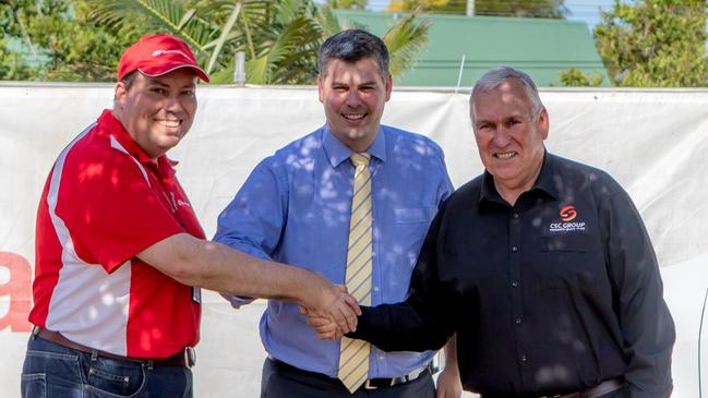 State Labor MP for Morayfield Mark Ryan with Queensland Rail’s community liaison officer Lyndon James, left, and Caboolture Sports Club Chairman Kevin Kaeser, right, celebrating the parking deal.