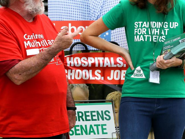 Election Day in the seat of Petrie - Labor supporter Lindsay Morris chatting with Greens supporter Elyse Lucas, North Lakes 18th May 2019 Picture AAPImage/ David Clark