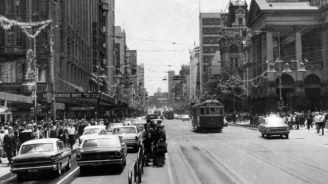 Christmas decorations on Swanston Street in 1968.