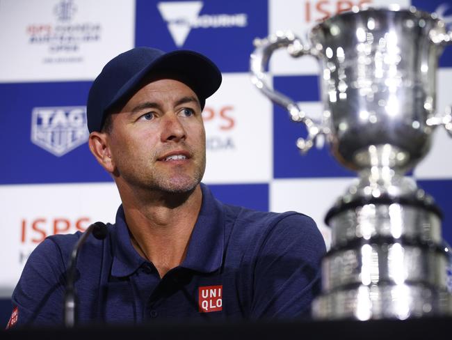 MELBOURNE, AUSTRALIA - NOVEMBER 30: Adam Scott of Australia speaks to the media ahead of the 2022 ISPS HANDA Australian Open at Victoria Golf Club on November 30, 2022 in Melbourne, Australia. (Photo by Daniel Pockett/Getty Images)