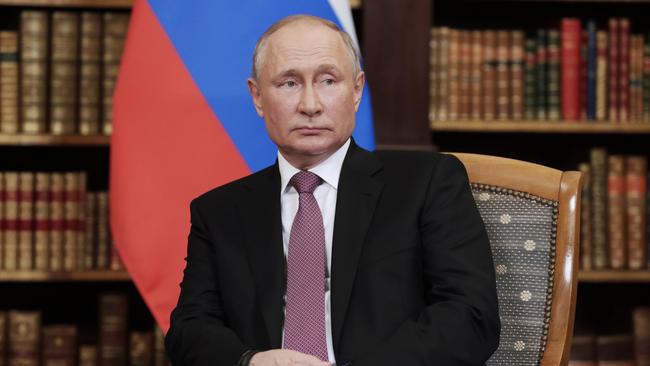 Vladimir Putin looks on during talks with Joe Biden at the Villa La Grange. Picture: Getty Images.