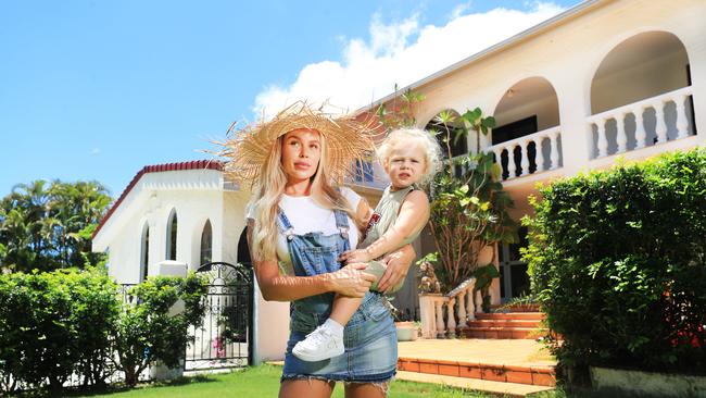 Influencer and ex-Big Brother star Skye Wheatley and her son, Forest, 2, at the Spanish mansion they are renovating after purchasing in 2019 when it was abandoned and left in a dilapidated state. Picture: Scott Powick