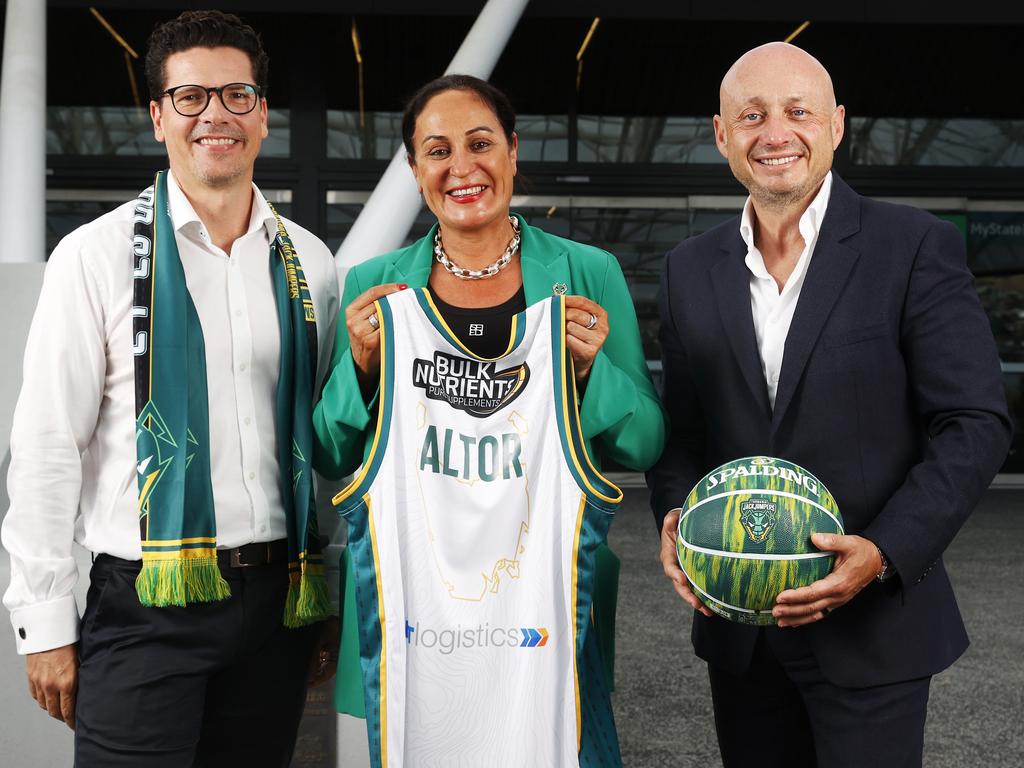 Altor Capital’s Ben Harrison, Tasmania JackJumpers chief executive Christine Finnegan and NBL owner Larry Kestelman. Picture: Nikki Davis-Jones