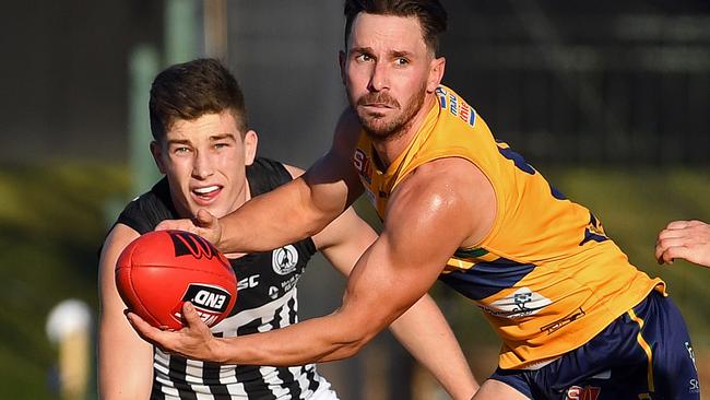 Woodville-West Torrens’ James Boyd breaks free from the contest against Port Adelaide. Picture: Tom Huntley