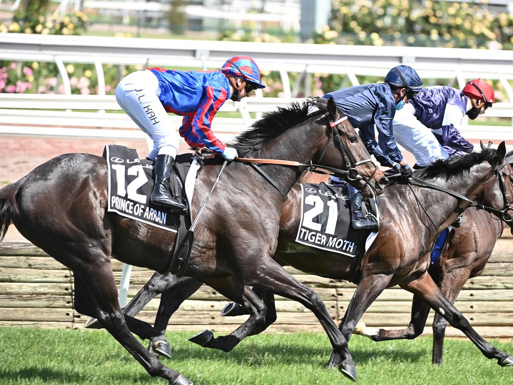 Jamie Kah riding Prince Of Arran (12) finished third to Jye McNeil riding Twilight Payment and Kerrin McEvoy riding Tiger Moth. Picture: Vince Caligiuri/Getty Images for the VRC