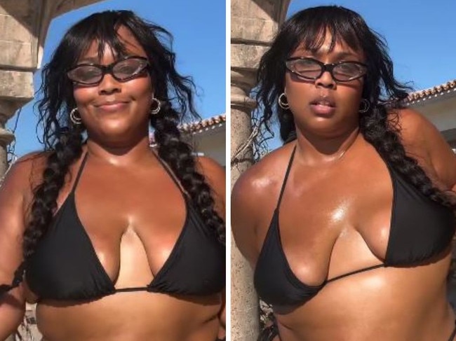 Lizzo shows off weight loss in black bikini.