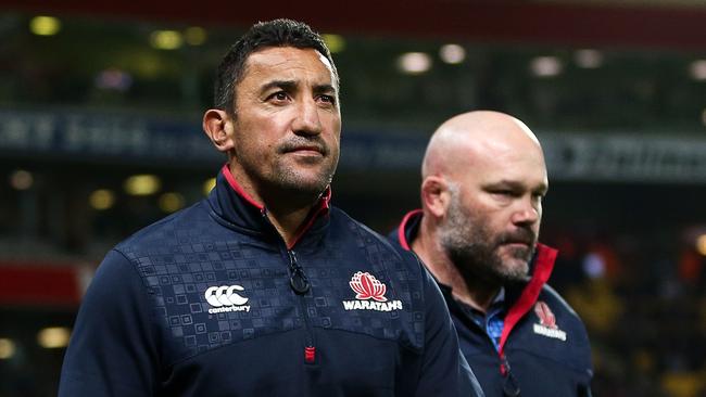 WELLINGTON, NEW ZEALAND - APRIL 07:  Coach Daryl Gibson and Assistant coach Cam Blades of the Waratahs look on during the round seven Super Rugby match between the Hurricanes and the Waratahs at Westpac Stadium on April 7, 2017 in Wellington, New Zealand.  (Photo by Hagen Hopkins/Getty Images)