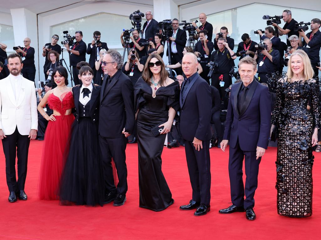 Ortega with her Beetlejuice Beetlejuice co-stars (from left to right): Justin Theroux, Winona Ryder, Tim Burton, Monica Bellucci, Michael Keaton, Willem Dafoe and Catherine O'Hara. Picture: Andreas Rentz/Getty Images