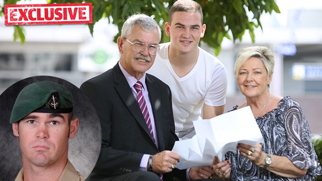 Parents Doug Baird and Kaye Baird (Cameron Baird's parents) and Blacktown student Campbell Byrd with a letter sent to Campbell by commando Cameron Baird VC before he was killed in action in Afghanistan. Photo: Bob Barker.