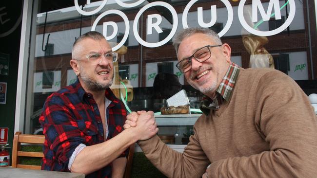 (L-R) Owners John Ageletos and Christopher Heaps outside Flour Drum, Newtown. Picture: Alexi Demetriadi