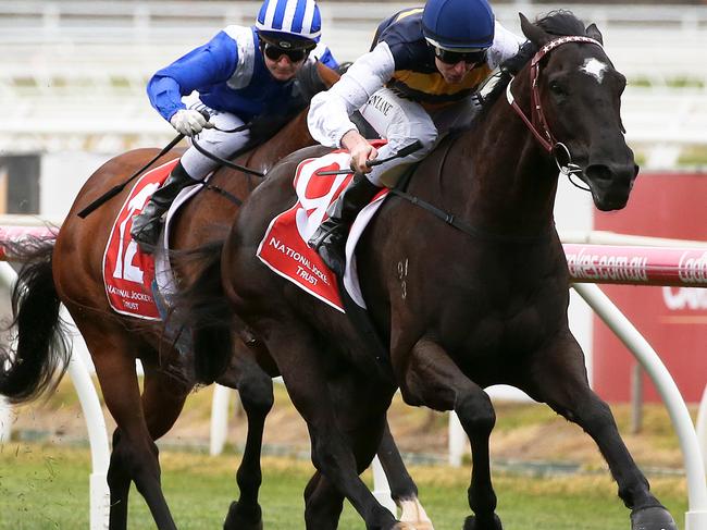 Jockey Damian Lane rides Night's Watch to win race 4, the Jockey Celebration Day Handicap, during Memsie Stakes Day at Caulfield Racecourse in Melbourne, Saturday, September 1, 2018. (AAP Image/George Salpigtidis) NO ARCHIVING, EDITORIAL USE ONLY