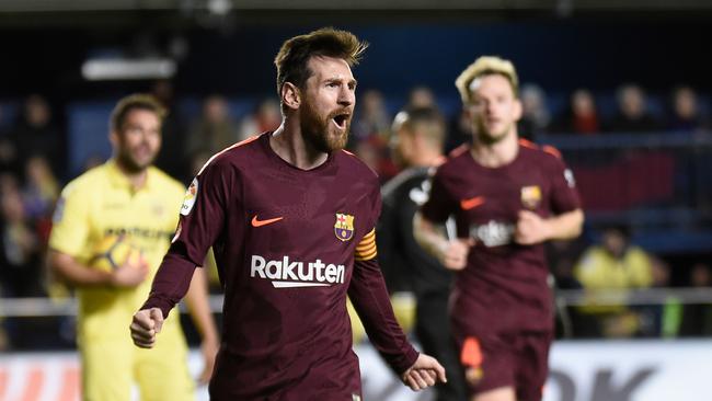 Barcelona's Argentinian forward Lionel Messi celebrates after scoring.