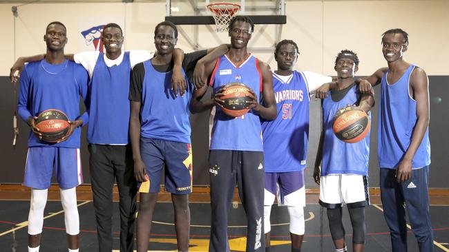 Anyang Garang in a Central Districts' men's Premier League basketball team which was the surprise packet of the competition in 2019 with seven players of African descent - all under 21. (L to R) Magok Manning, Lwal Diing, Angok Anyang, Cholesterols Luk, Isaac Atuer, and Dut Bol. Picture Dean Martin