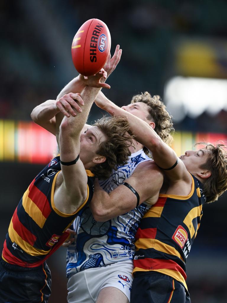 Max Michalanney of the Crows competes for a mark against Nick Larkey of the Kangaroos at Adelaide Oval. Picture: Mark Brake