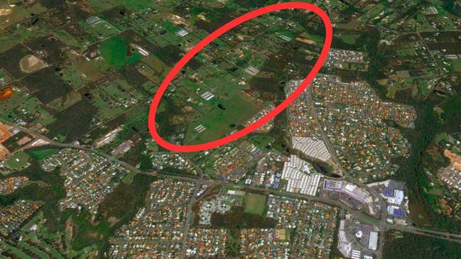 An aerial view of parts of Redland Bay and Victoria Point with the Double Jump Road ringed in red and the Victoria Point Shopping Centre at bottom right. Picture: Google Maps.