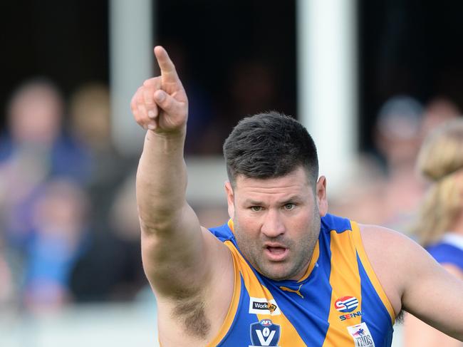 Cranbourne full-forward Marc Holt celebrates another goal. Picture: Chris Eastman