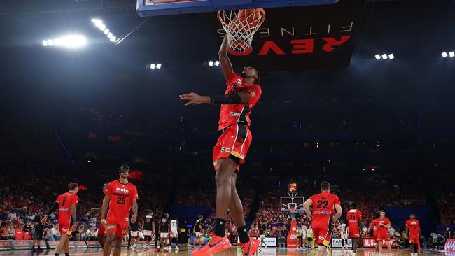 Alex Sarr of the Wildcats was dominant in Melbourne on Saturday night. Picture: Paul Kane/Getty Images.