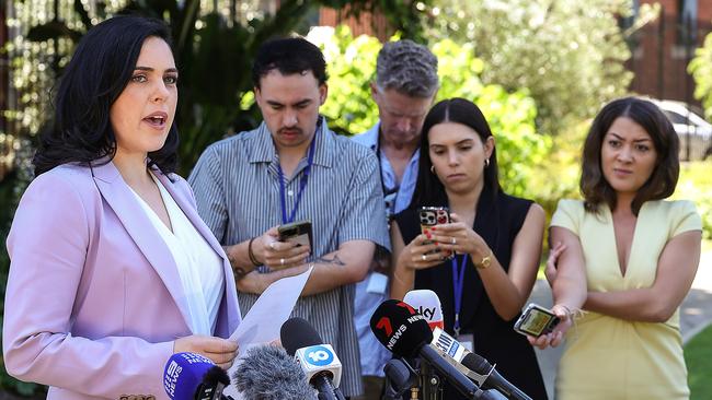 Moira Deeming gives a press conference in the gardens of Parliament House after her defamation win against the Victorian Liberal leader. Picture: Ian Currie/NewsWire