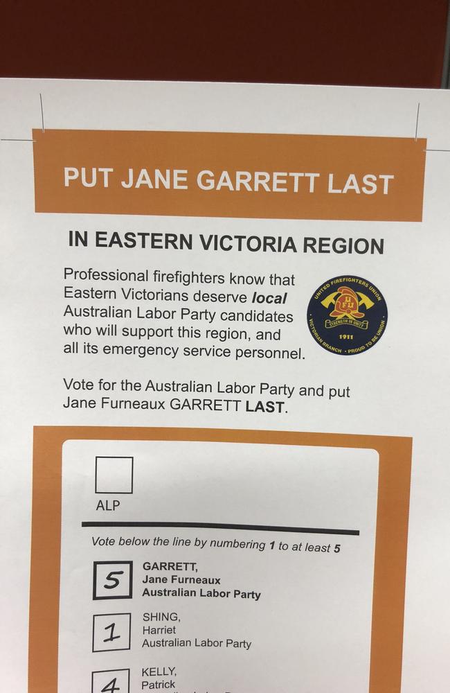 The United Firefighters Union anti-Jane Garrett "How to Vote" card. Picture: Supplied