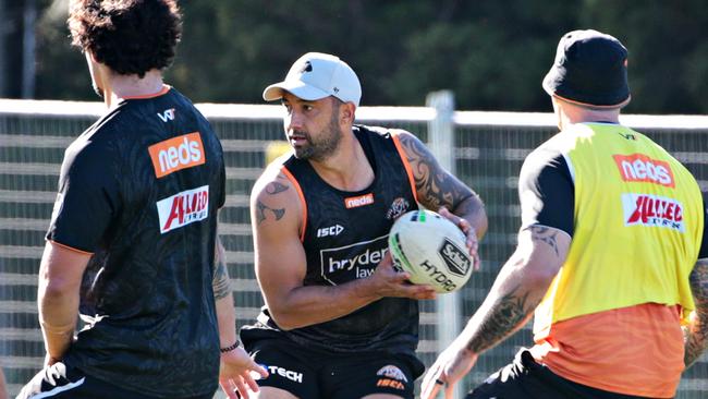 Benji Marshall gets back into the swing of things at Tigers training. Picture: Adam Yip