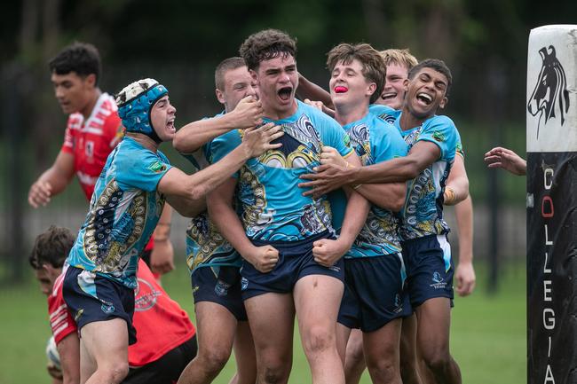 Northern Rivers Titans prop Nixon O’Connor (centre) celebrates scoring a dramatic late winner in an Andrew Johns Cup semi final game earlier this season.