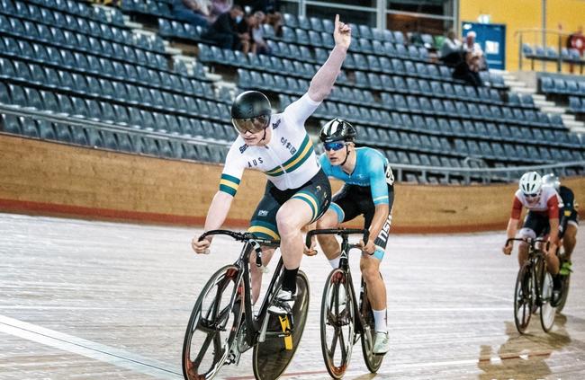 Tom Cornish winning the Clarence Street Cyclery Cup at the Dunc Gray Velodrome in Bass Hill. Picture: Stu Baker/Cycling NSW