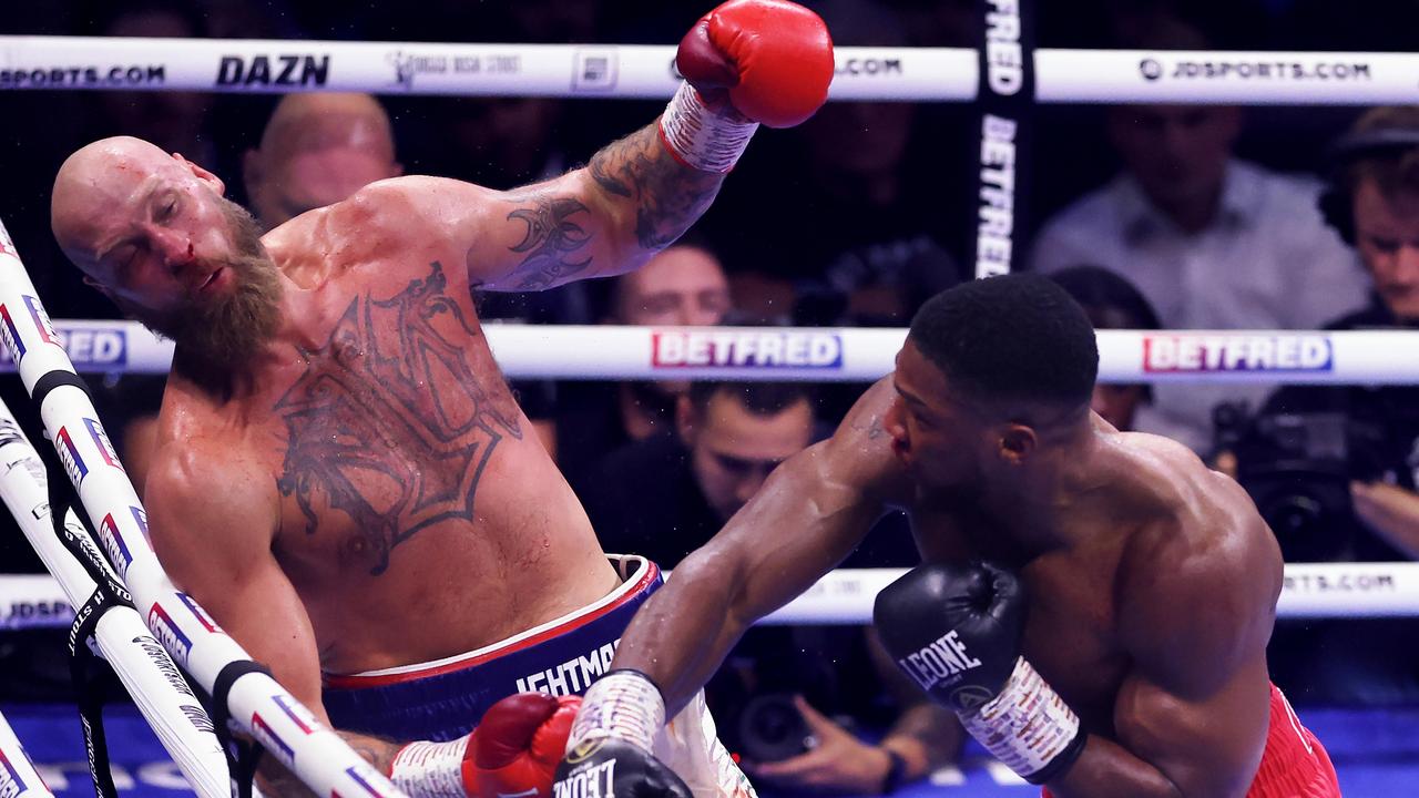 Anthony Joshua knocks out Robert Helenius to win their heavyweight fight. (Photo by Julian Finney/Getty Images)