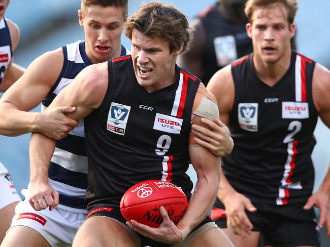 GEELONG, AUSTRALIA - JUNE 22: Nathan Freeman of Frankston runs with the ball during the round 12 VFL match between Geelong and Frankston at GMHBA Stadium on June 22, 2019 in Geelong, Australia. (Photo by Scott Barbour/AFL Photos via Getty Images )