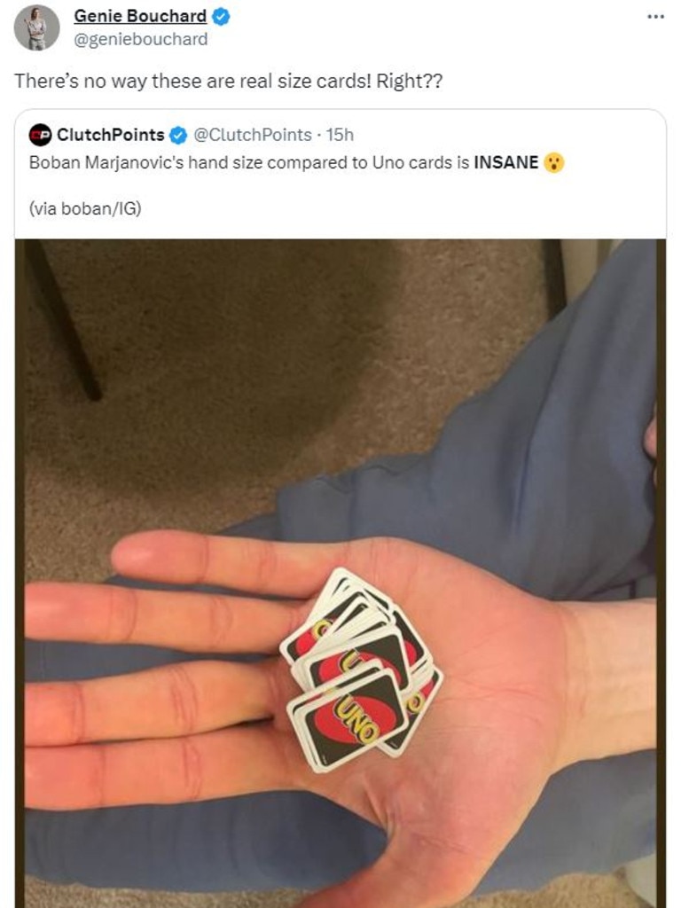 No way these are real size - Eugenie Bouchard reacts to Serbian basketball  player Boban Marjanovic holding UNO cards