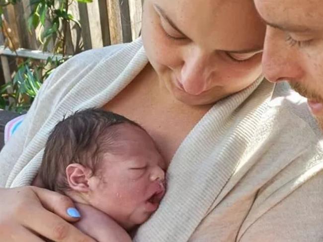 FROM GOFUNDME PAGE BUT NOT ID'ed . Jon and Diana Searle with their newborn son Bodhi.  A coronial inquest is underway investigating events during his birth that led to his death. Picture: GoFundMe