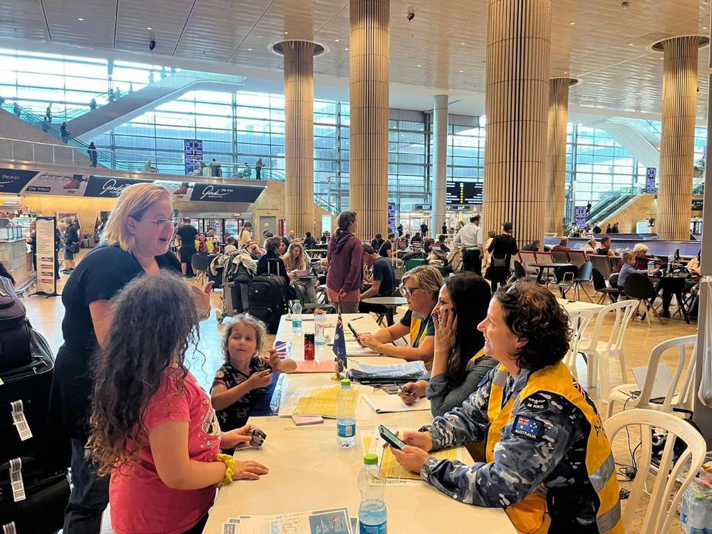 Australians readying to board a RAAF flight home. Picture: Twitter/Australia’s Ambassador to Israel