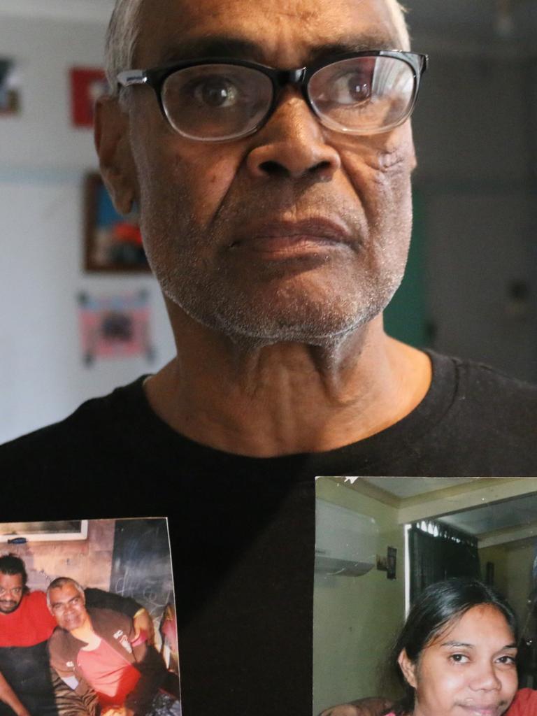 Keith Dutton holds up photos of Lasonya and her brother Keith Jnr and other families members. Picture: Dijana Damjanovic