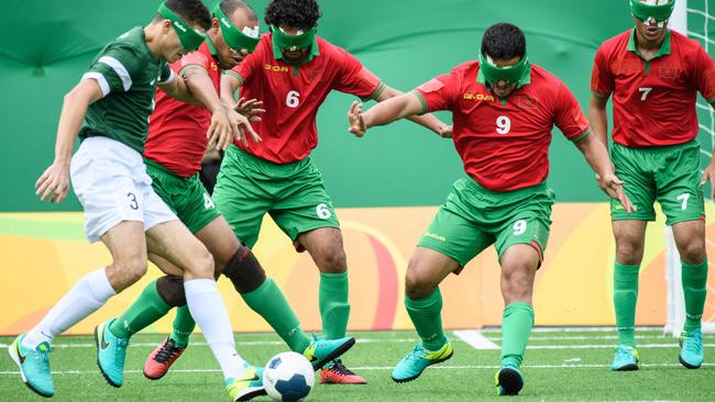 Brazil and Morocco in the men's football five-a-side match. Picture: AFP Photo/Yasuyoshi Chiba