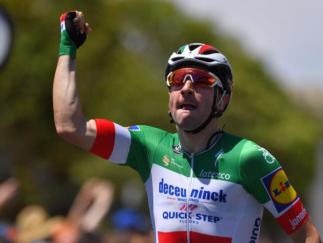 ADELAIDE, AUSTRALIA - JANUARY 15: Arrival / Elia Viviani of Italy and Deceuninck - Quick-Step Team / Celebration / during the 21st Santos Tour Down Under 2019 , Stage 1 a 129km stage from Adelaide to Adelaide / TDU / on January 15, 2019 in Adelaide, Australia. (Photo by Tim de Waele/Getty Images)